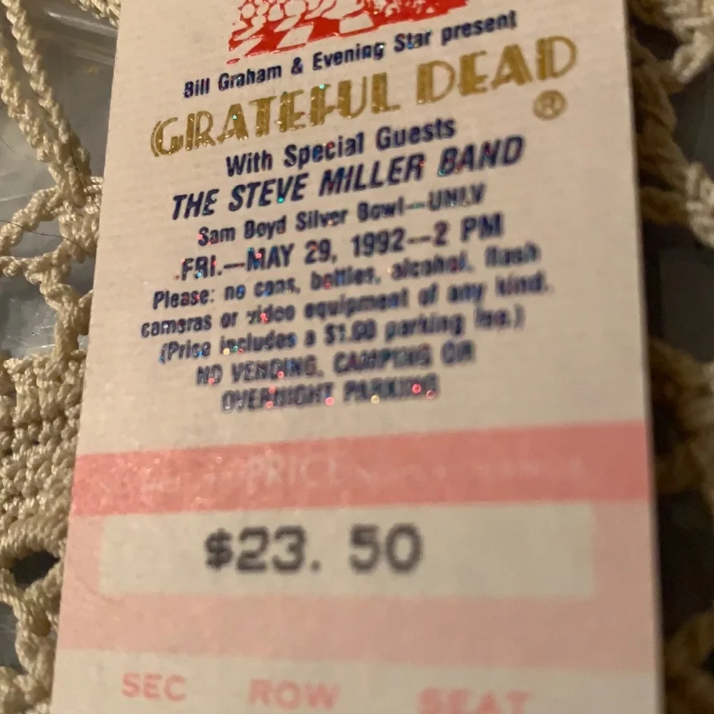 Grateful Dead Vintage Ticket 1992 May 29 Las Vegas Sam Boyd Silver Bowl complete